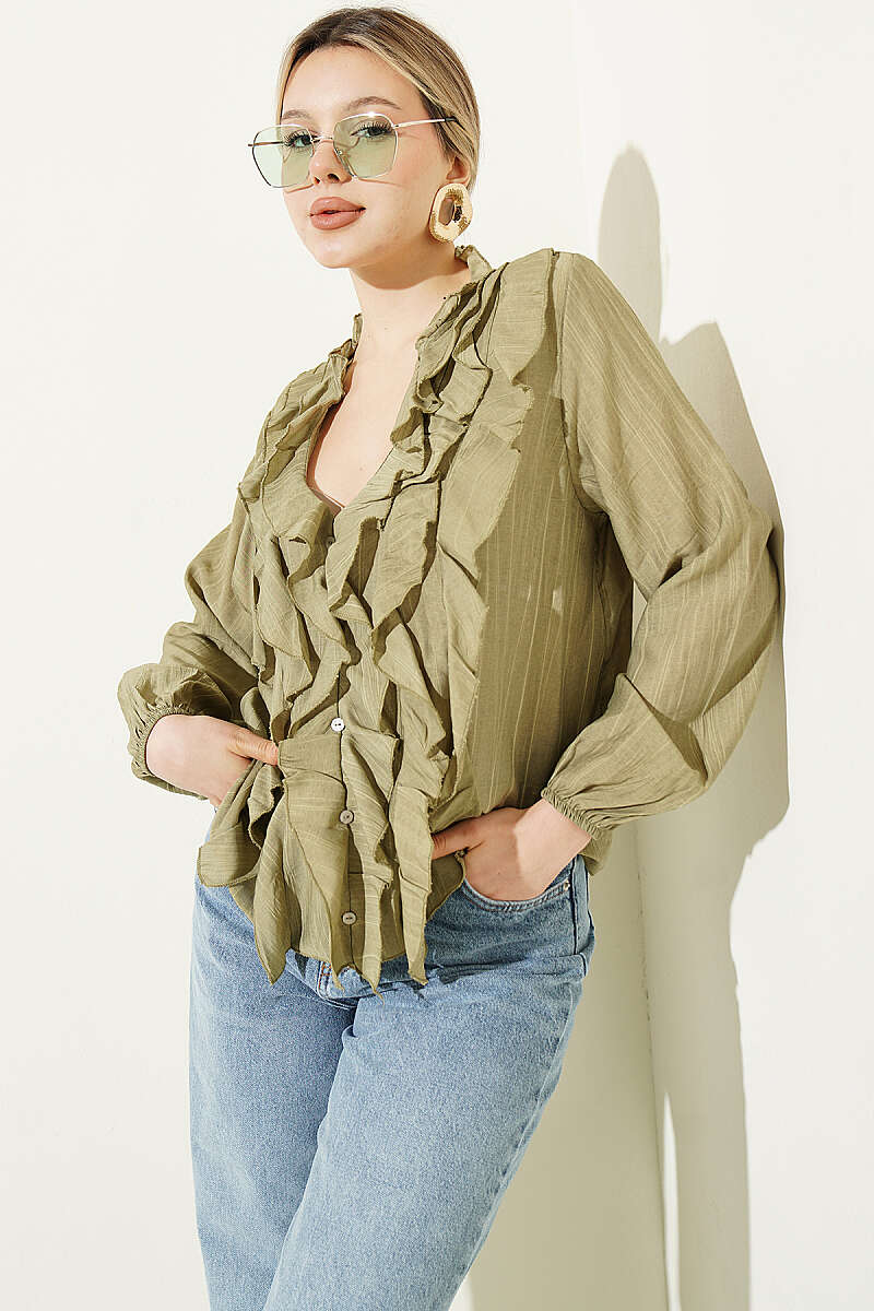 V-Neck Striped Ruffle Blouse - Khaki