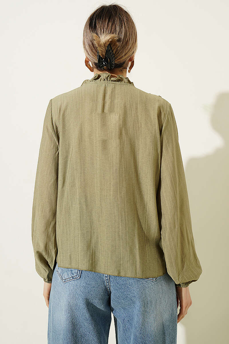V-Neck Striped Ruffle Blouse - Khaki