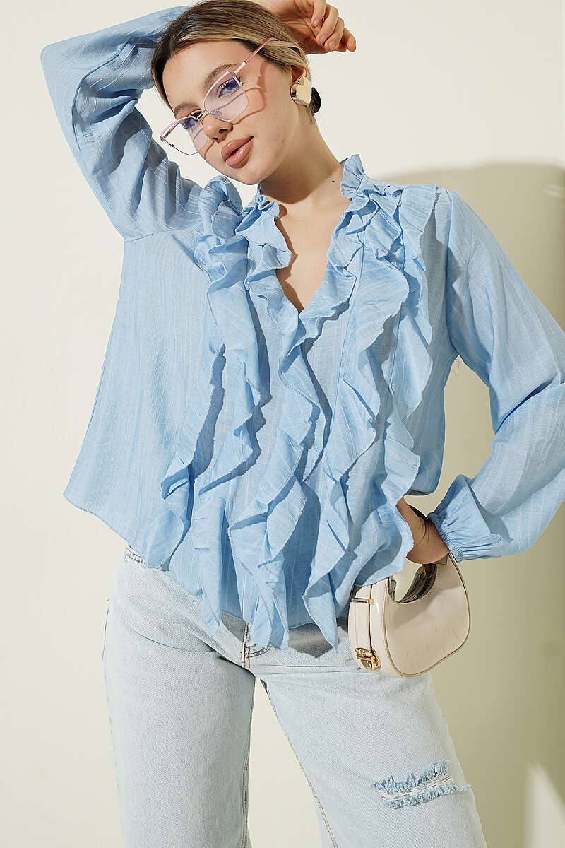V-Neck Striped Ruffle Blouse - Blue
