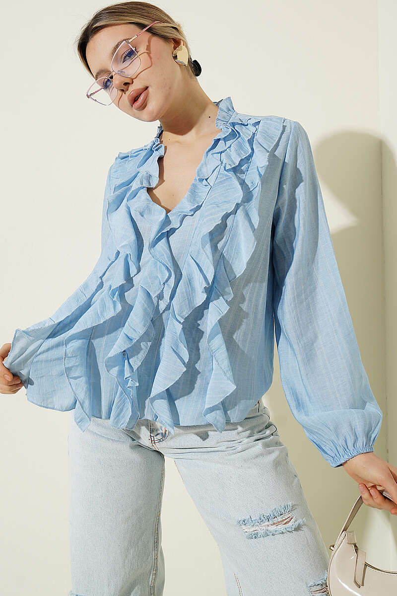 V-Neck Striped Ruffle Blouse - Blue