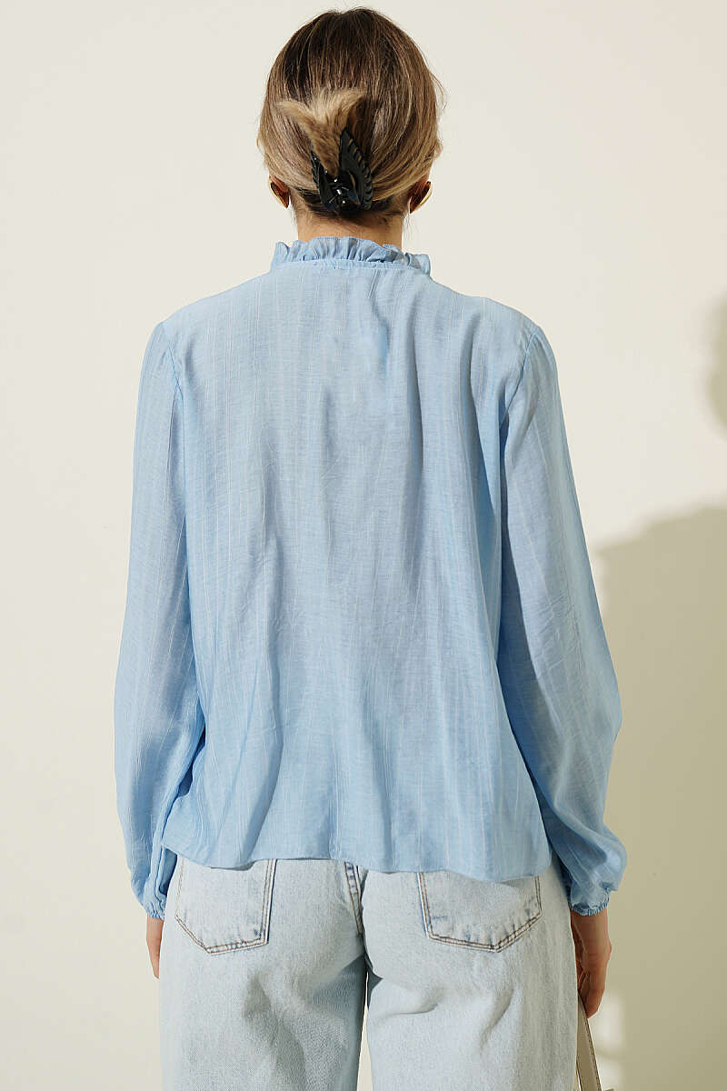 V-Neck Striped Ruffle Blouse - Blue