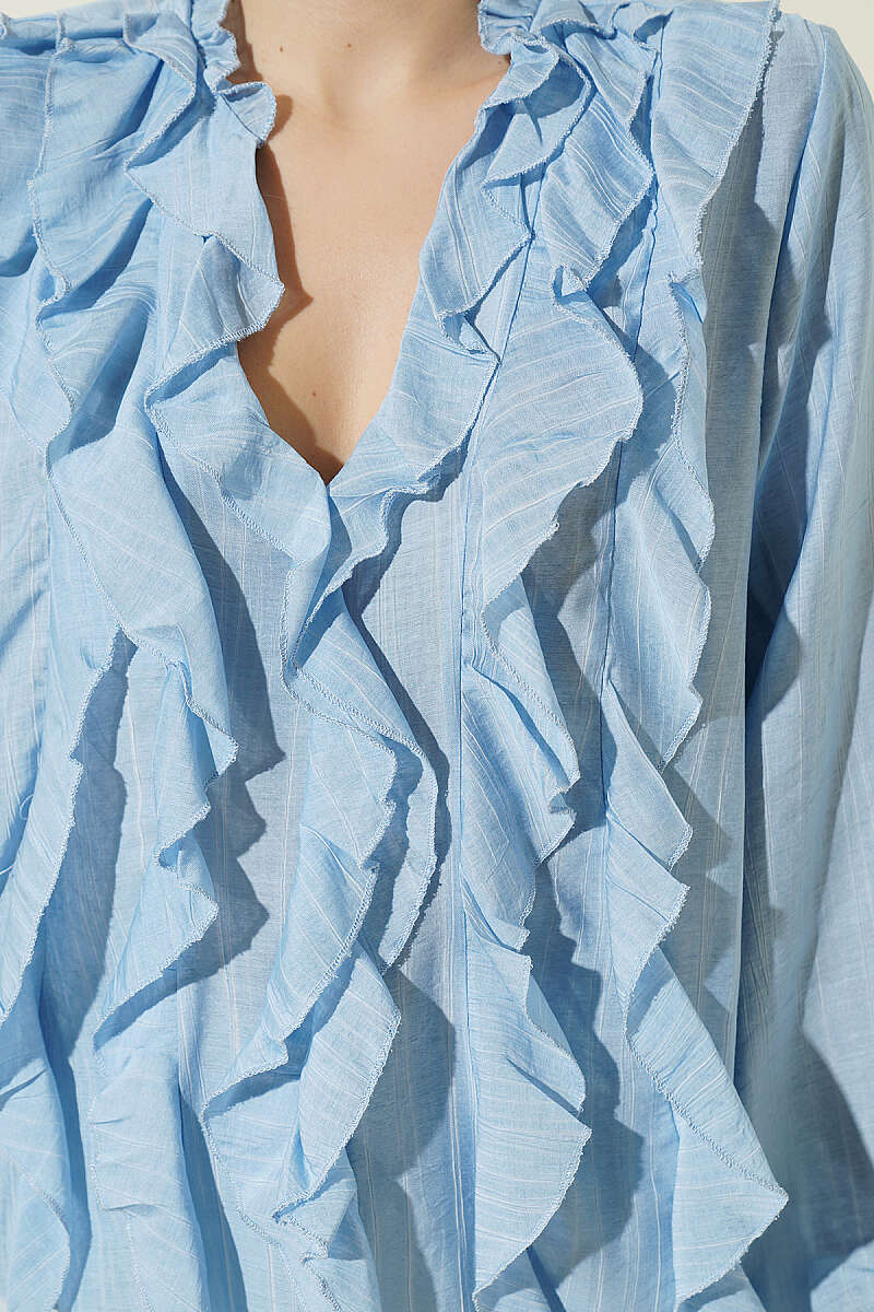 V-Neck Striped Ruffle Blouse - Blue