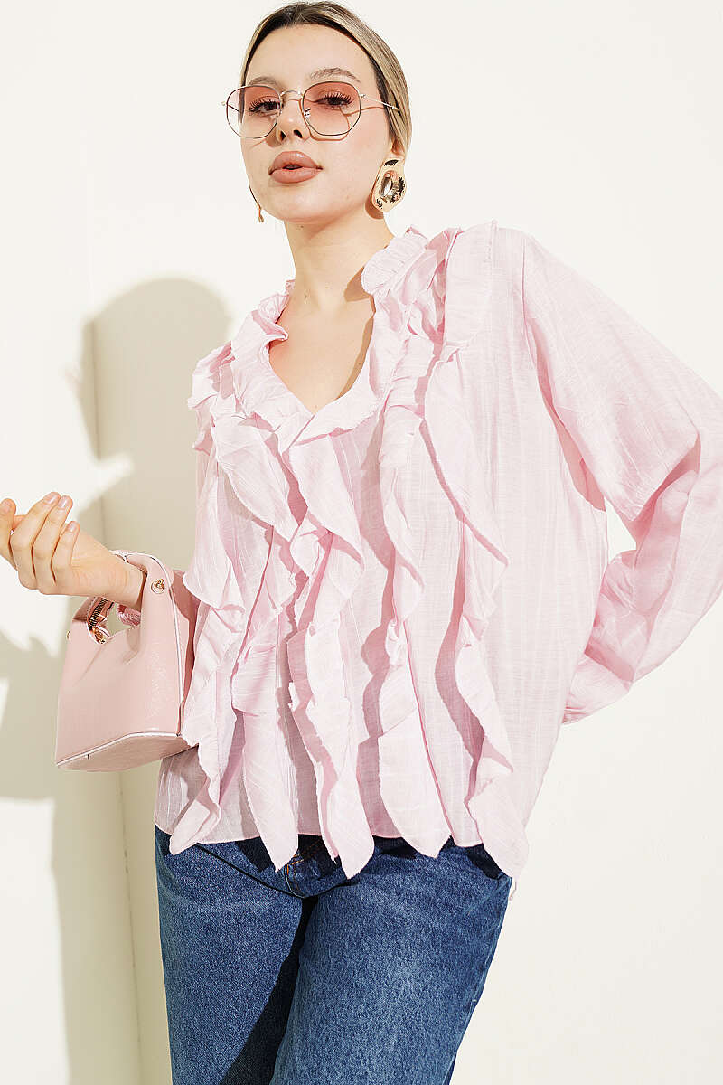 V-Neck Striped Ruffle Blouse - Pink