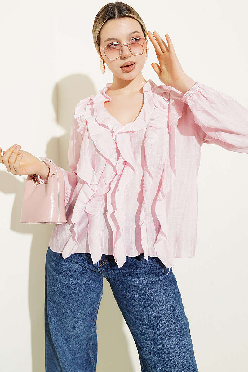 V-Neck Striped Ruffle Blouse - Pink