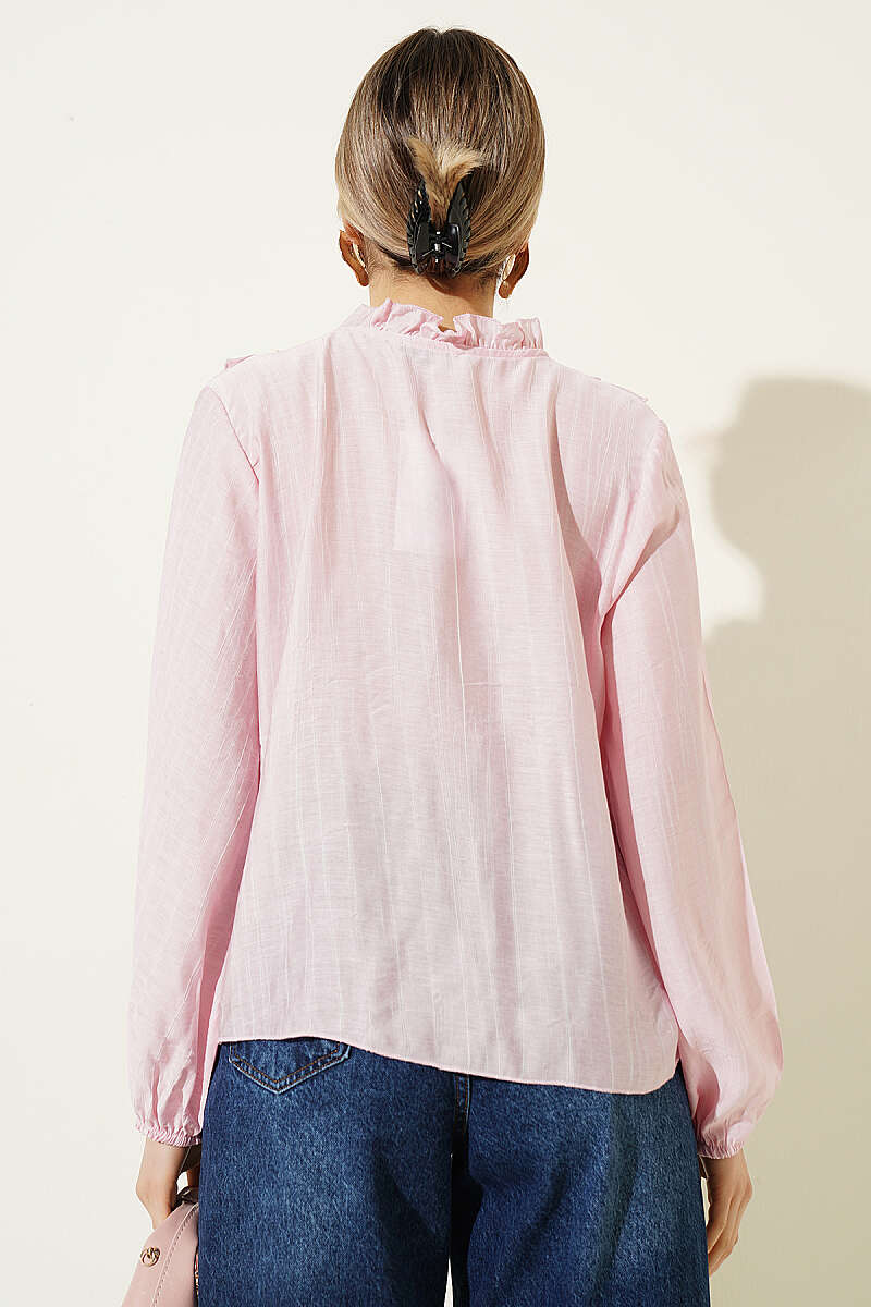 V-Neck Striped Ruffle Blouse - Pink