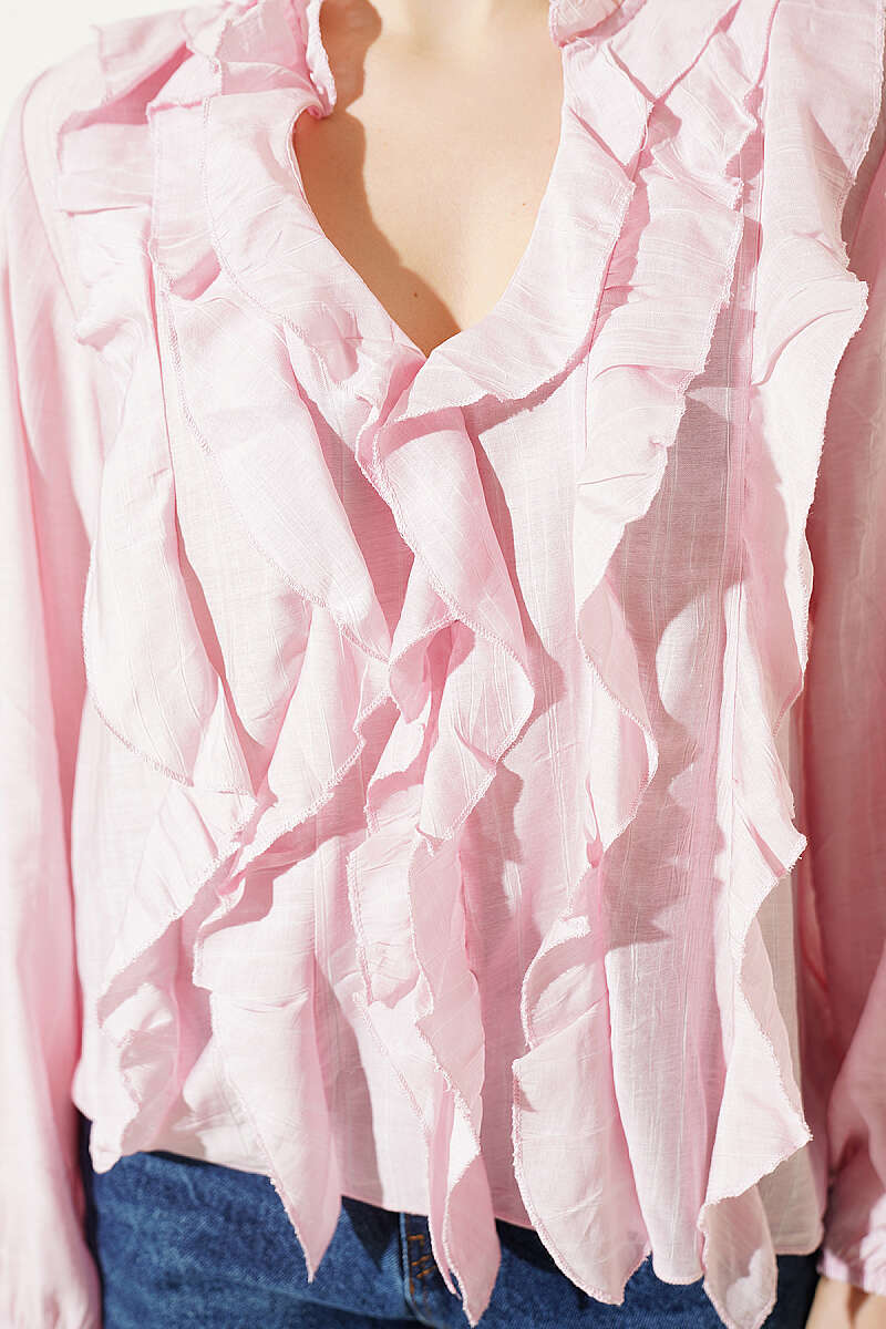 V-Neck Striped Ruffle Blouse - Pink