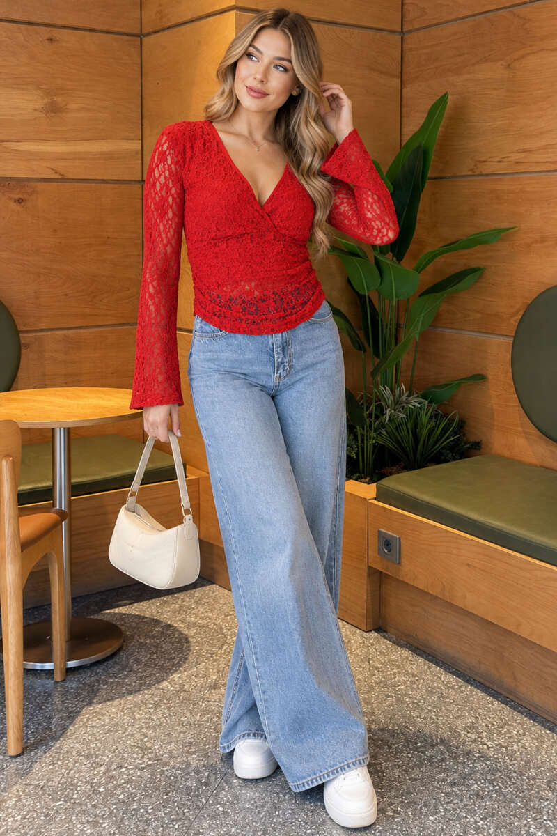 V-Neck Lace Blouse - Red