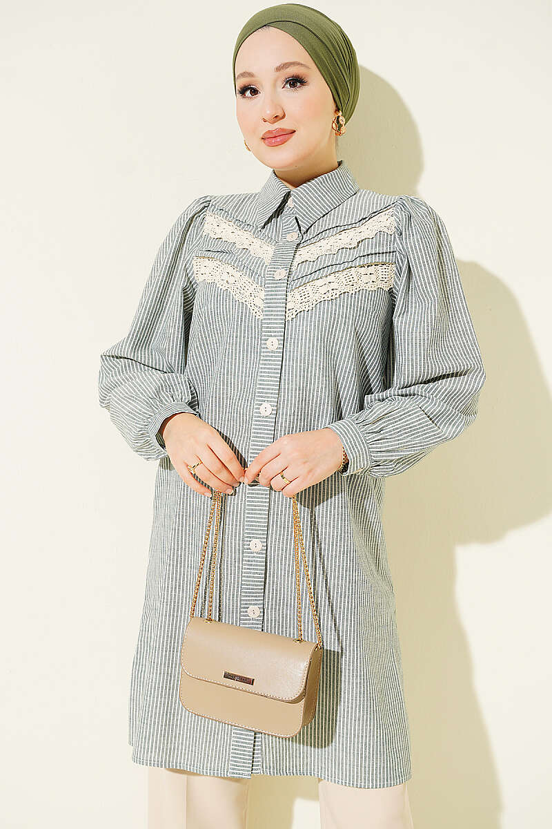 Striped V-Neck Lace Shirt - Green