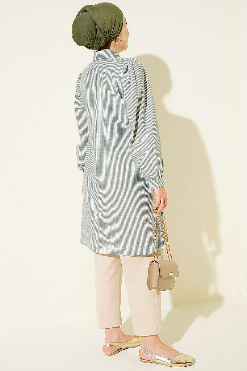 Striped V-Neck Lace Shirt - Green