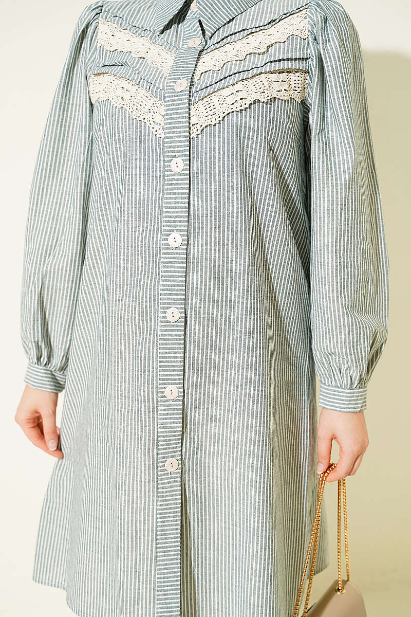 Striped V-Neck Lace Shirt - Green