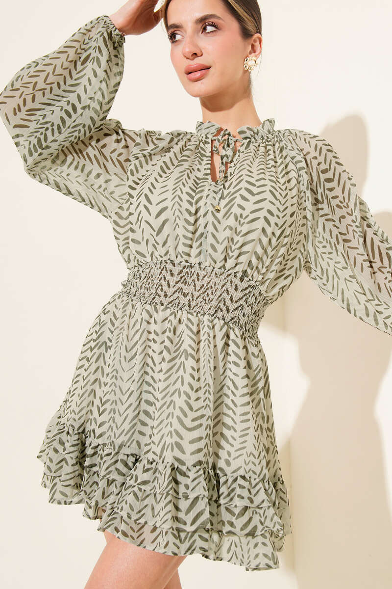 V-Neck Printed Ruffle Chiffon Mini Dress - Khaki