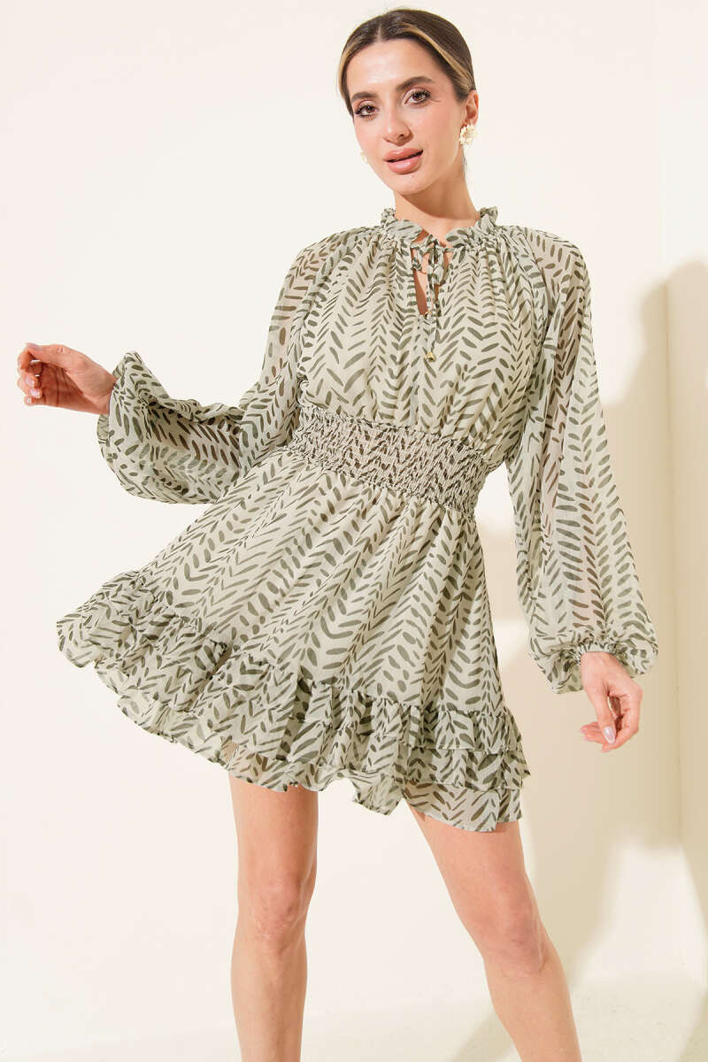 V-Neck Printed Ruffle Chiffon Mini Dress - Khaki