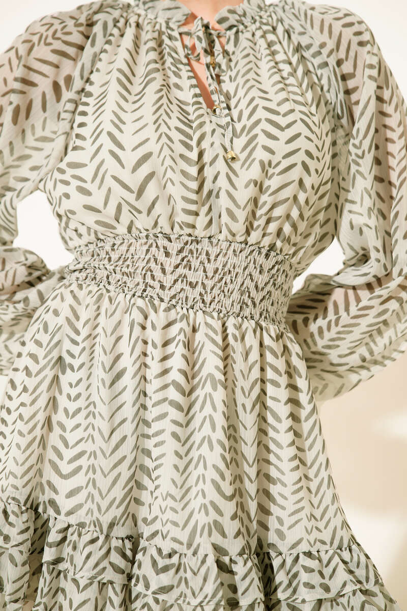 V-Neck Printed Ruffle Chiffon Mini Dress - Khaki