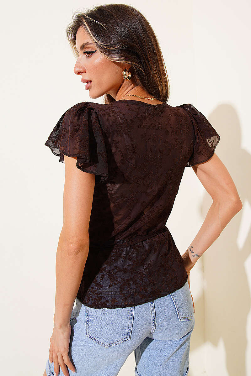 V-Neck Printed Tulle Blouse - Brown