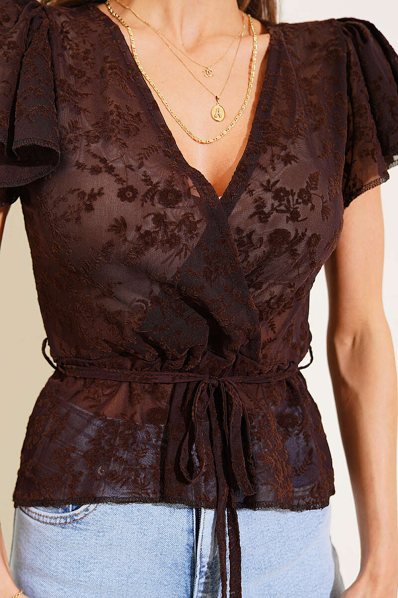 V-Neck Printed Tulle Blouse - Brown