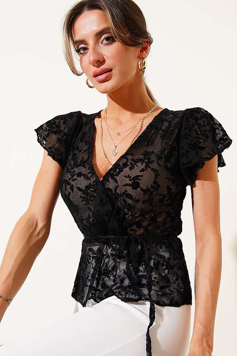 V-Neck Printed Tulle Blouse - Black