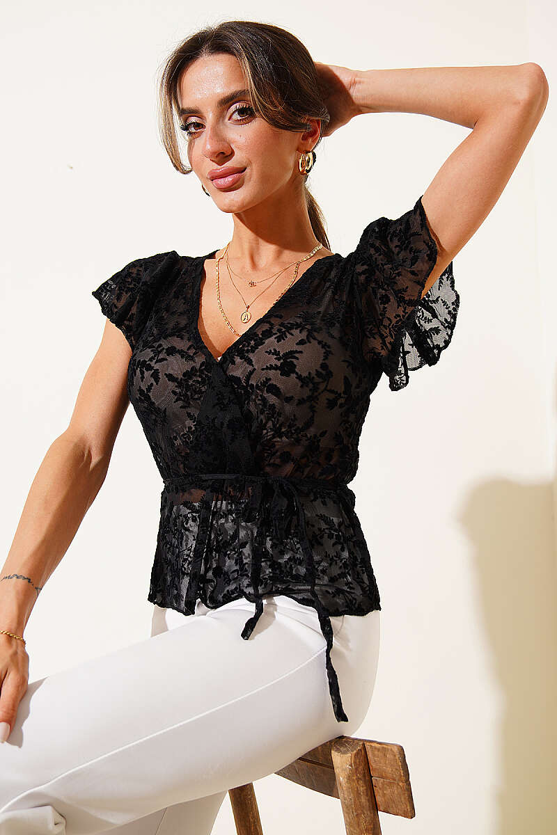 V-Neck Printed Tulle Blouse - Black