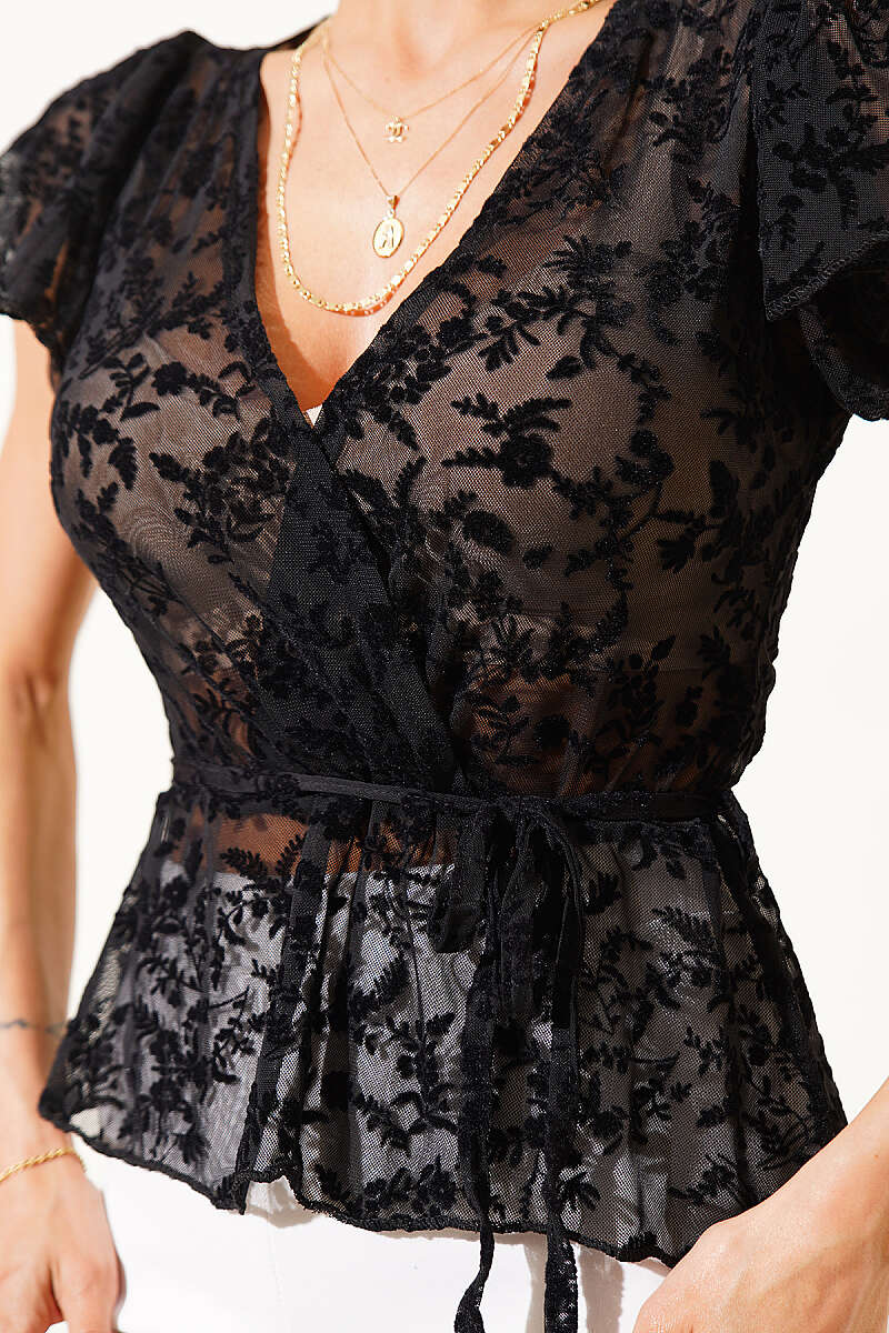 V-Neck Printed Tulle Blouse - Black