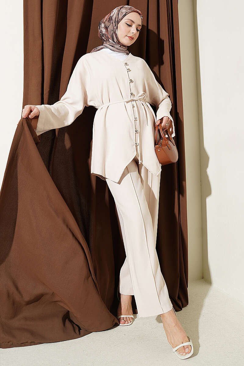 V-Neck Button Two-Piece Set - Beige