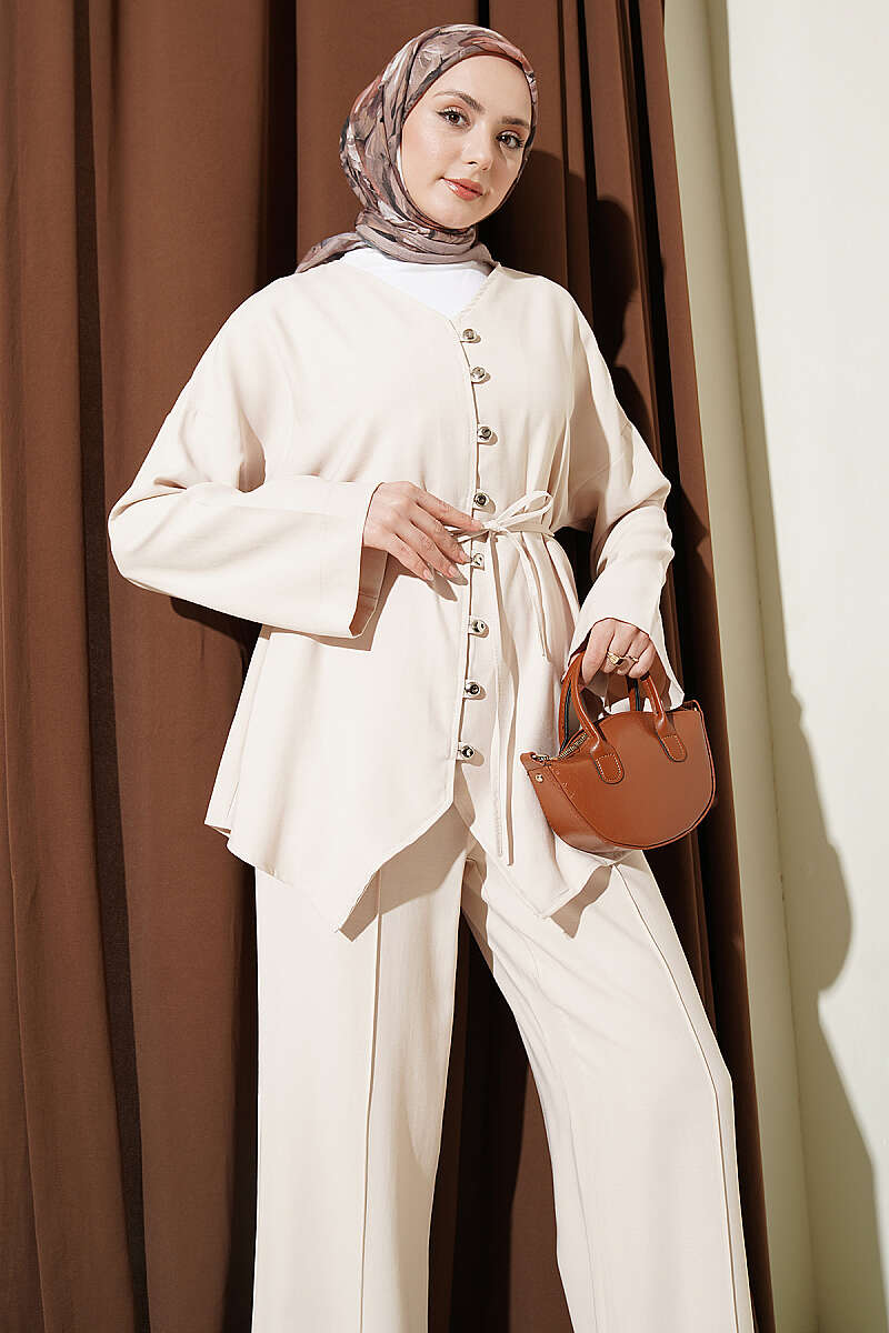 V-Neck Button Two-Piece Set - Beige