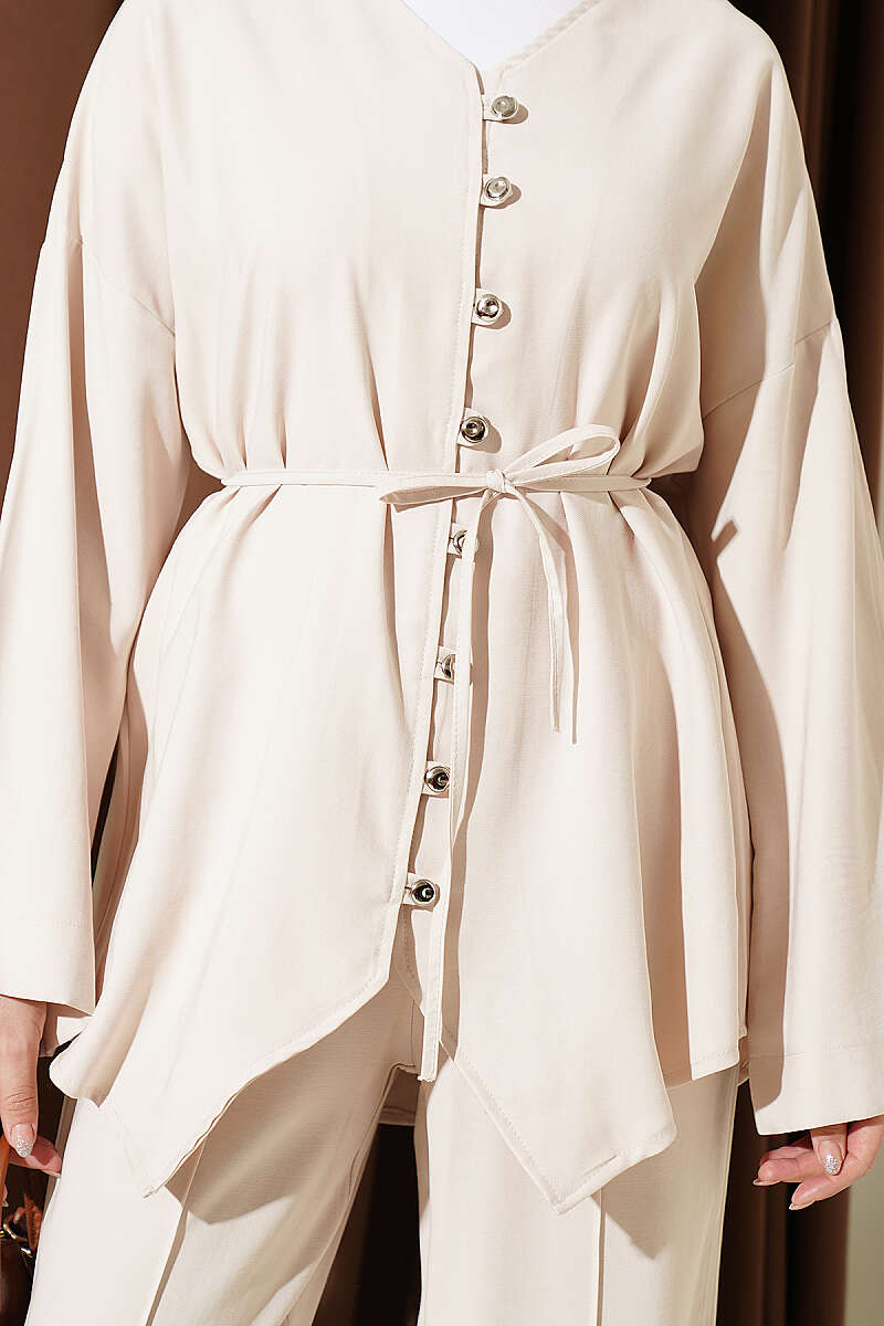 V-Neck Button Two-Piece Set - Beige