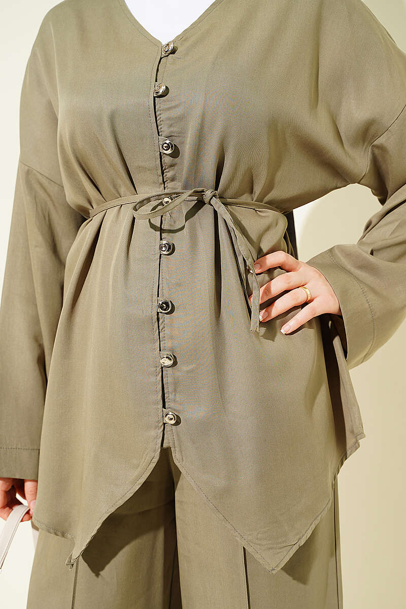 V-Neck Button Two-Piece Set - Almond Green