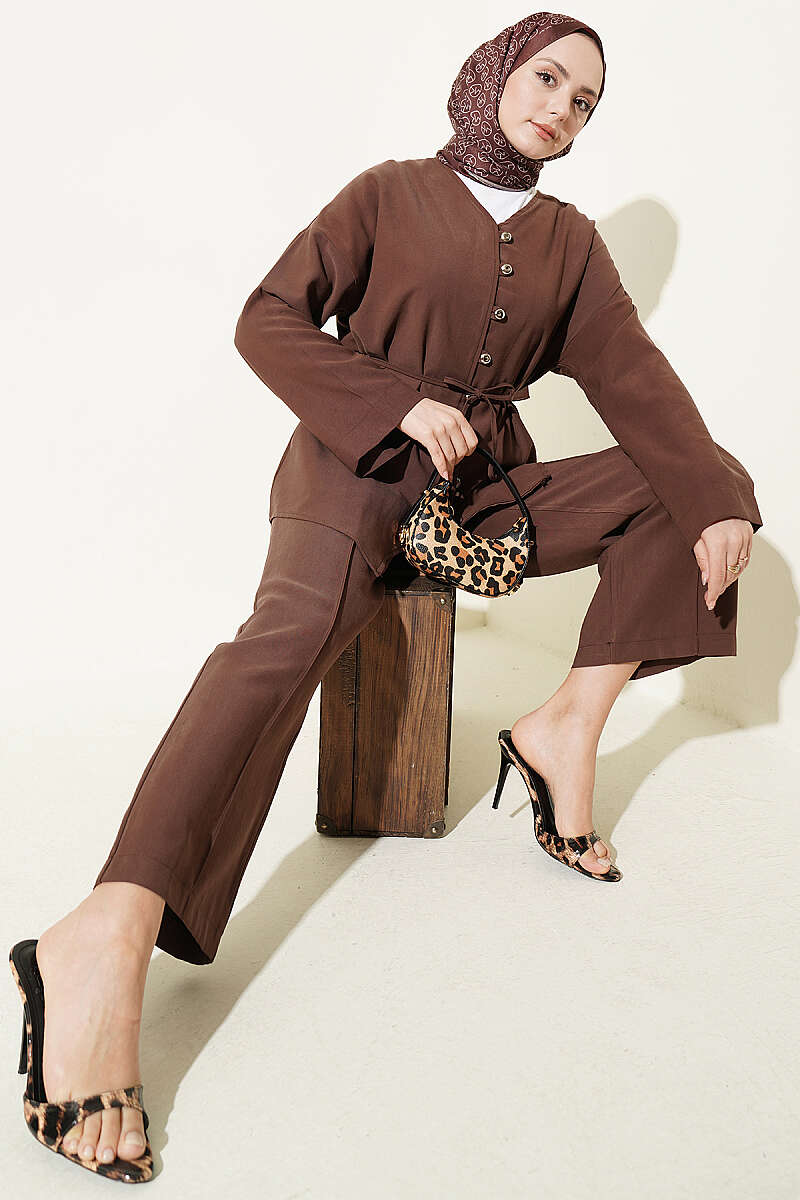 V-Neck Button Two-Piece Set - Brown