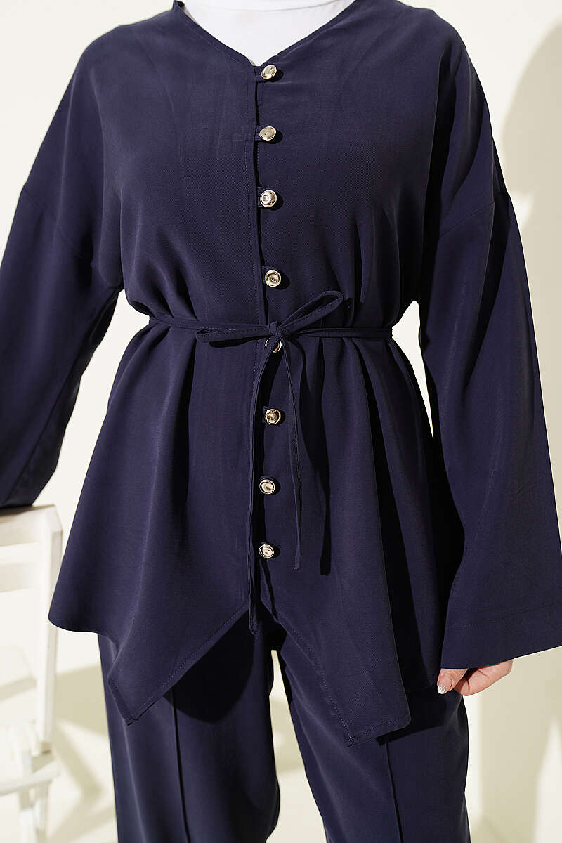 V-Neck Button Two-Piece Set - Navy