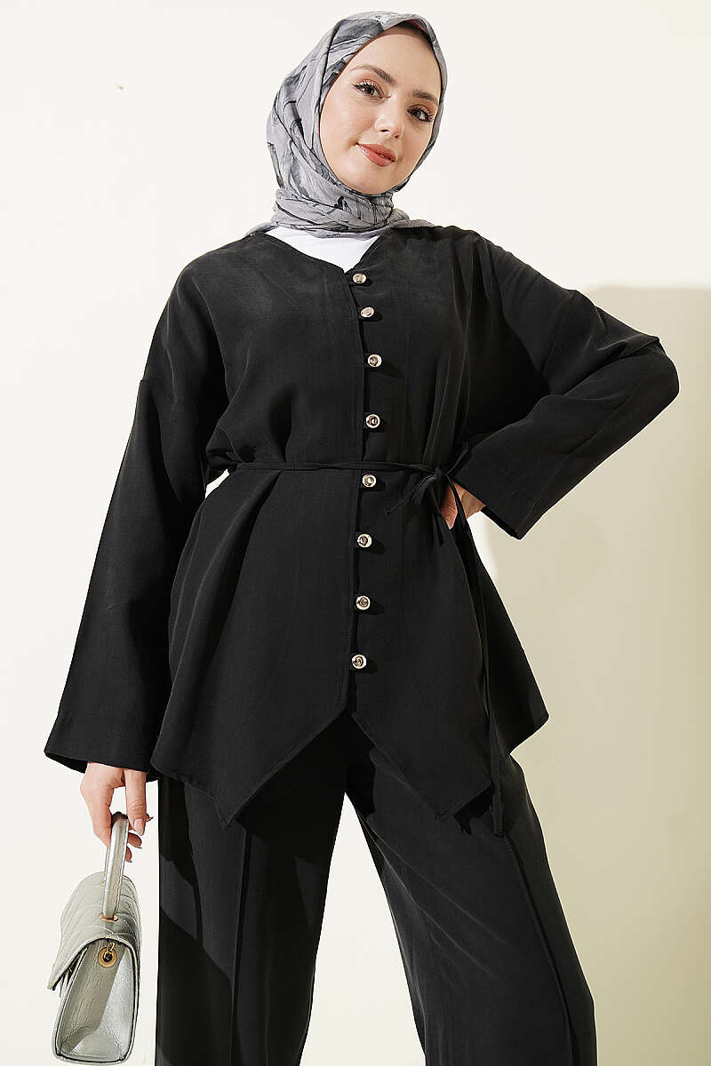 V-Neck Button Two-Piece Set - Black