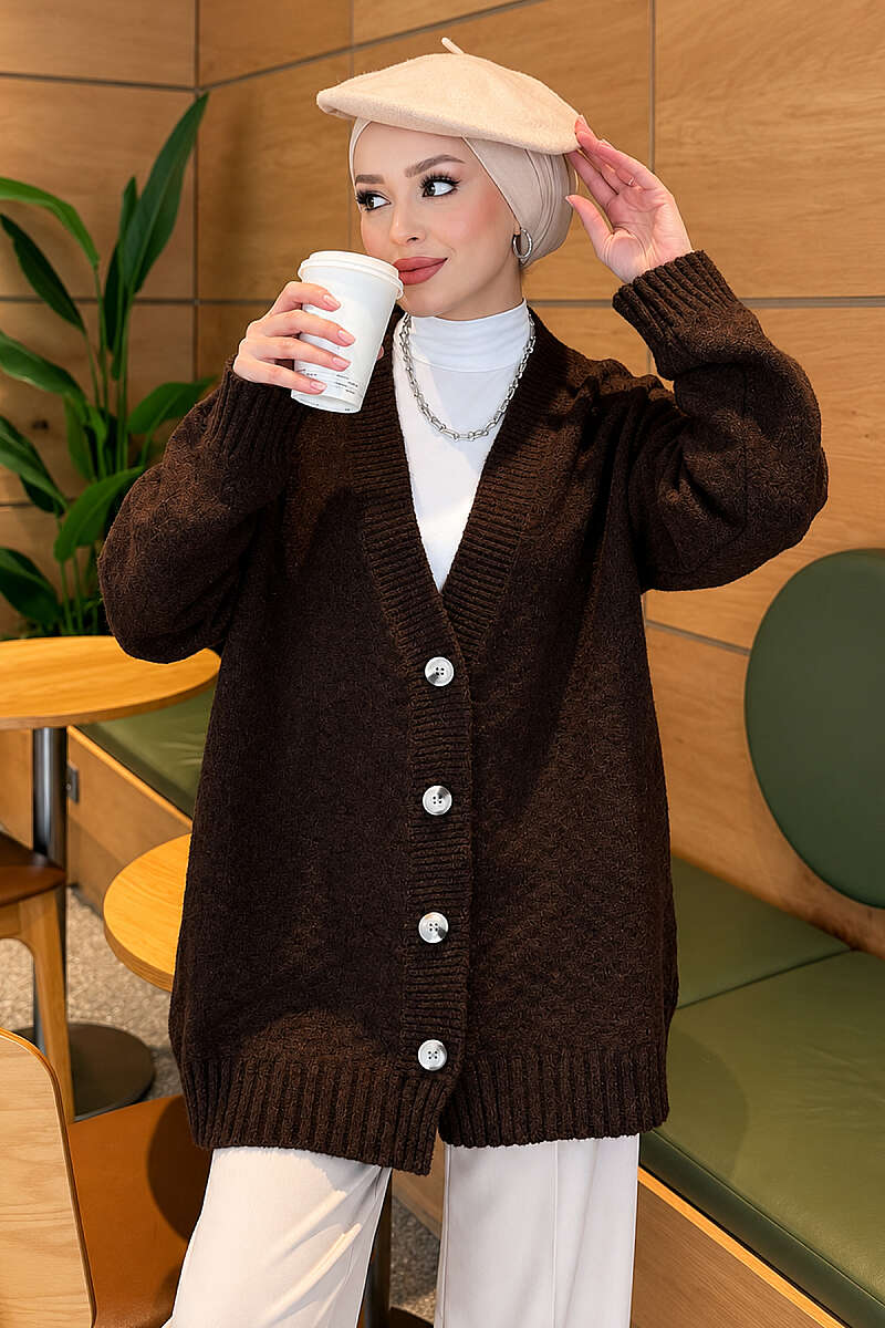 Oversized V-Neck Button Knit Cardigan - Brown