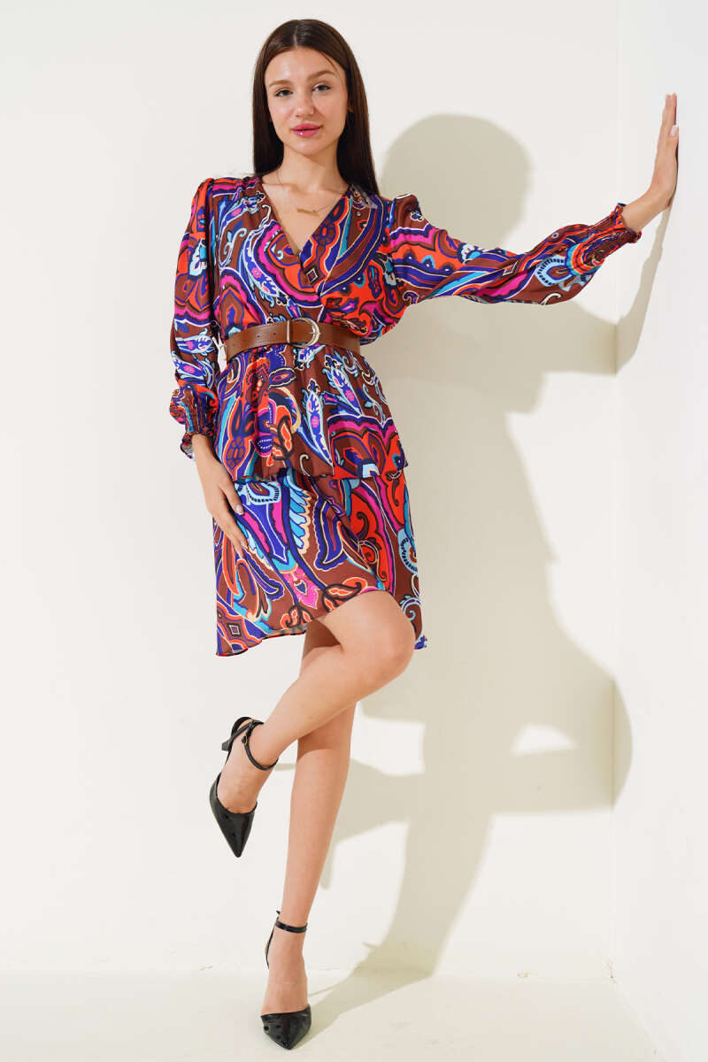 V-Neck Ethnic Print Satin Dress - Brown