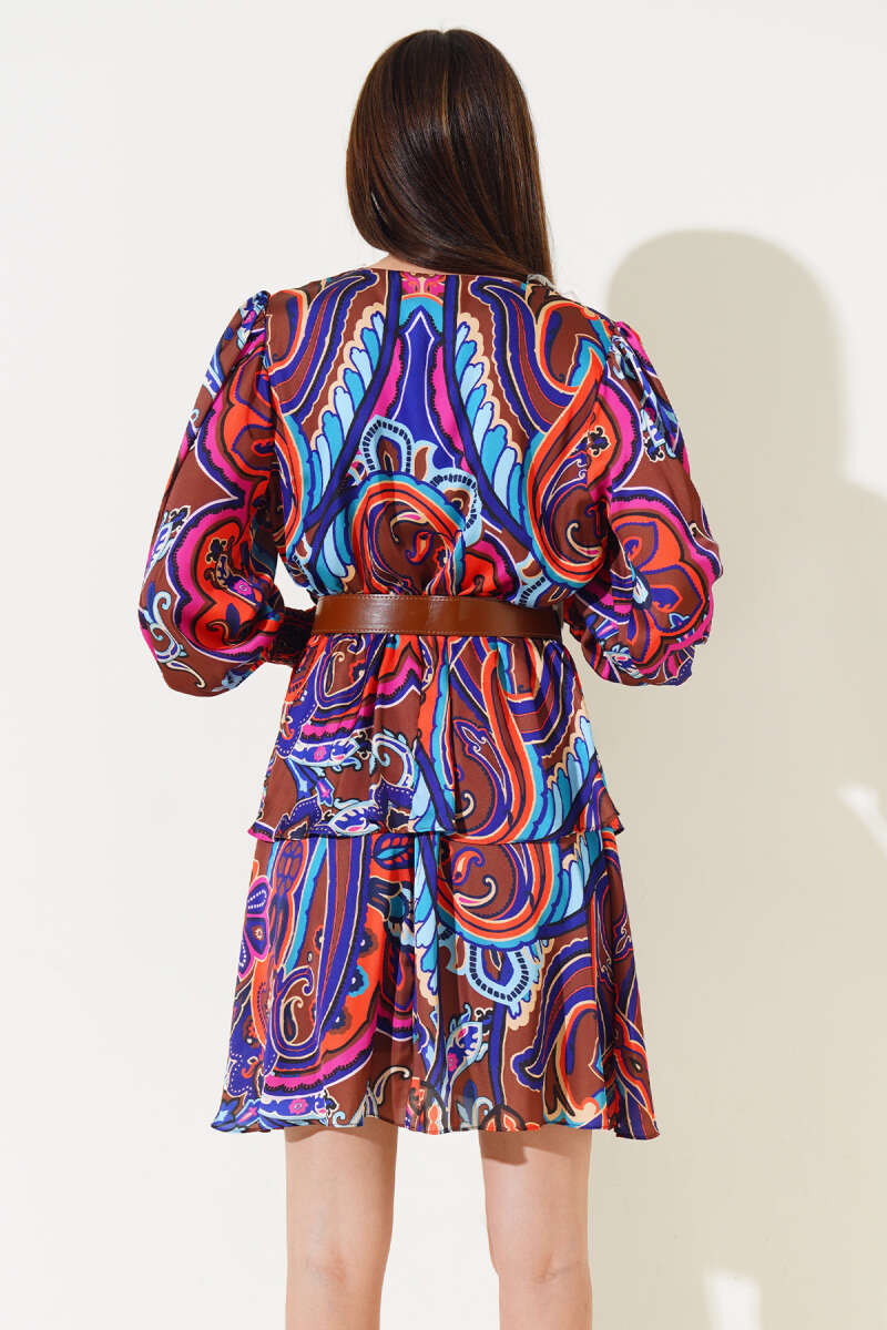 V-Neck Ethnic Print Satin Dress - Brown