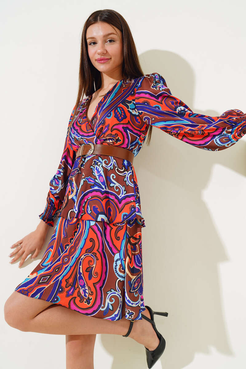 V-Neck Ethnic Print Satin Dress - Brown