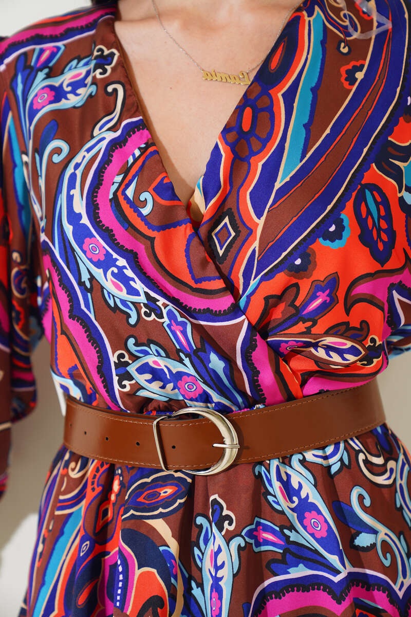 V-Neck Ethnic Print Satin Dress - Brown