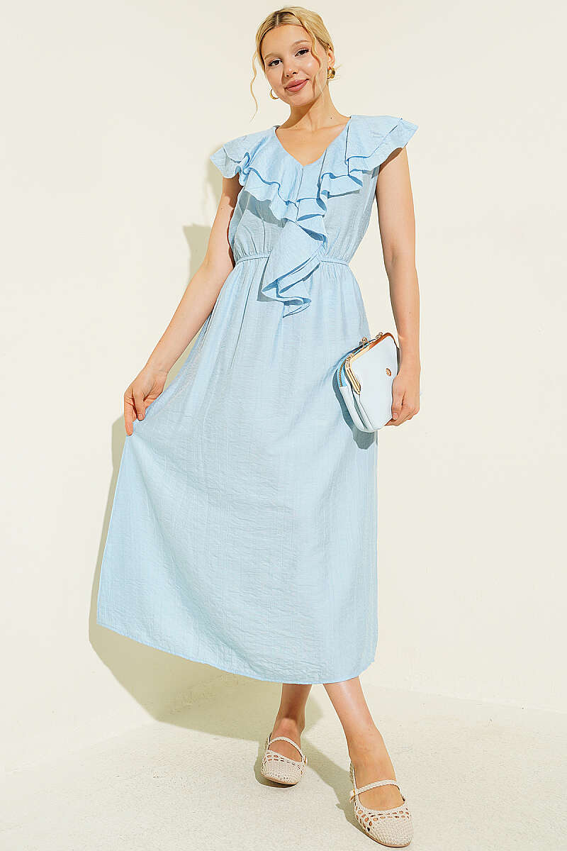 Sleeveless V-Neck Ruffle Midi Dress - Light Blue