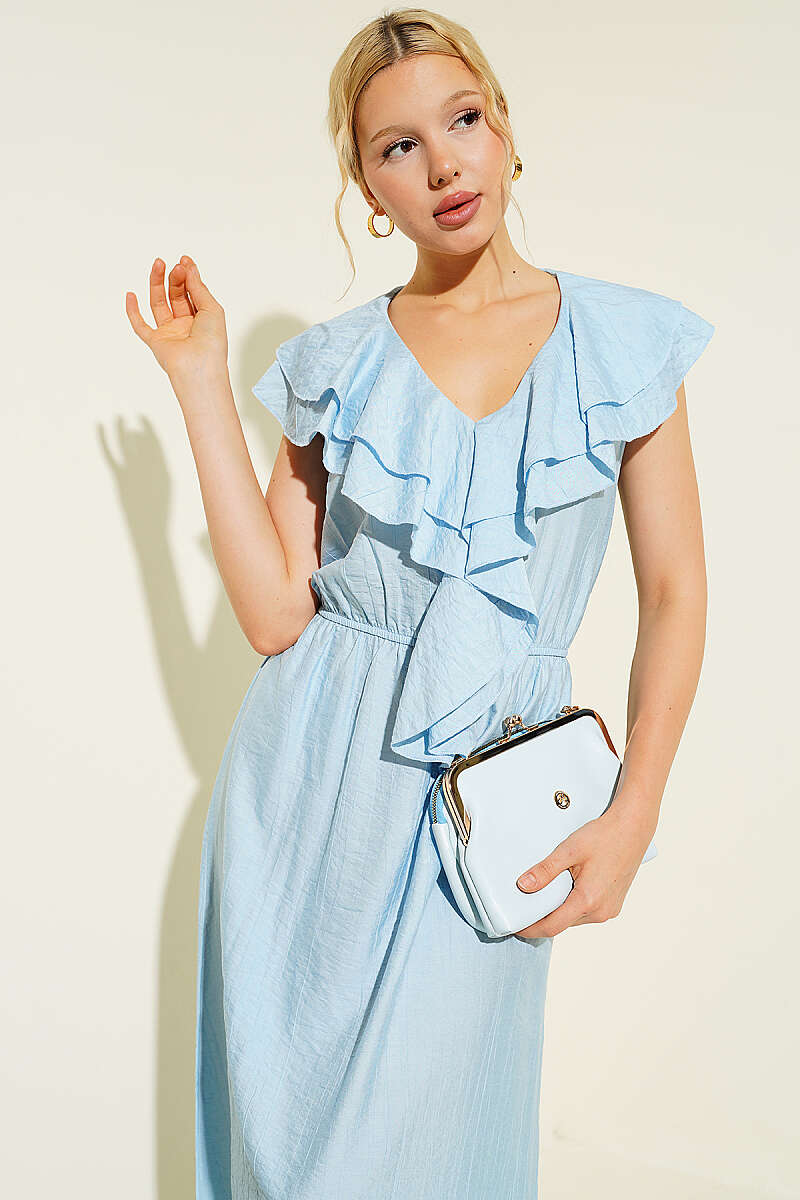 Sleeveless V-Neck Ruffle Midi Dress - Light Blue