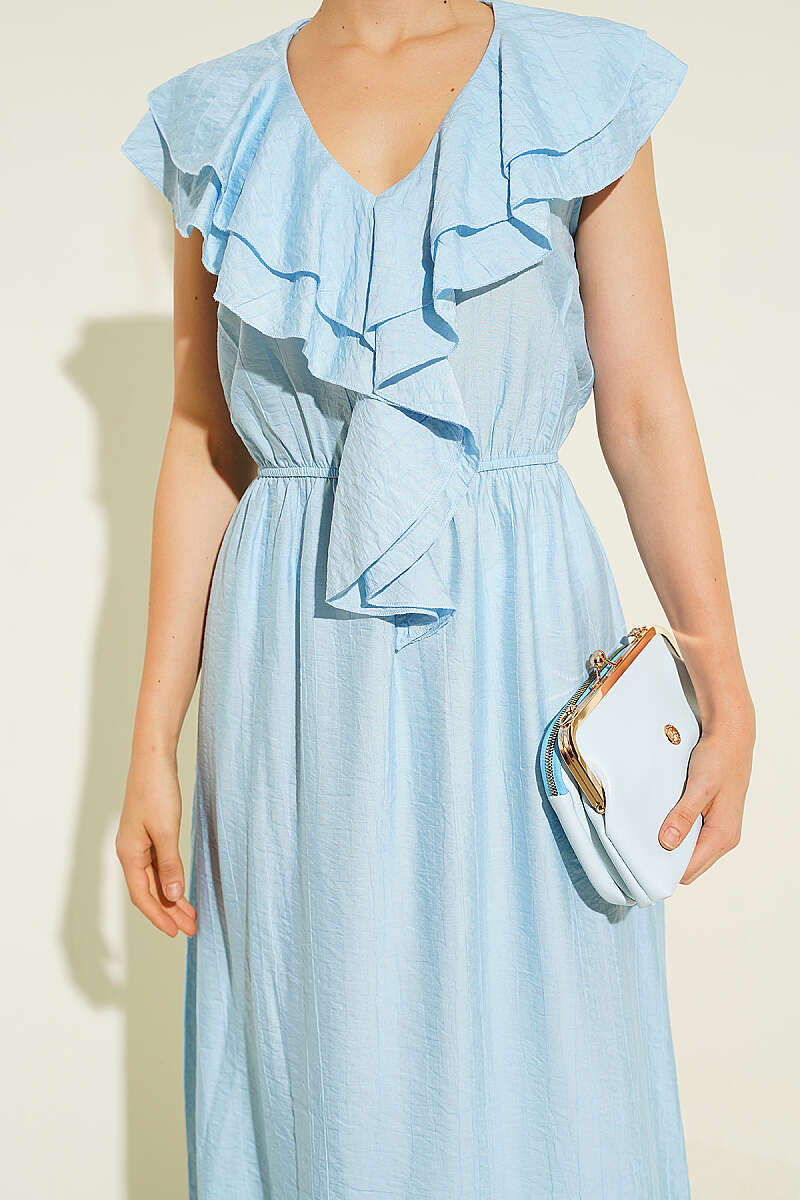 Sleeveless V-Neck Ruffle Midi Dress - Light Blue