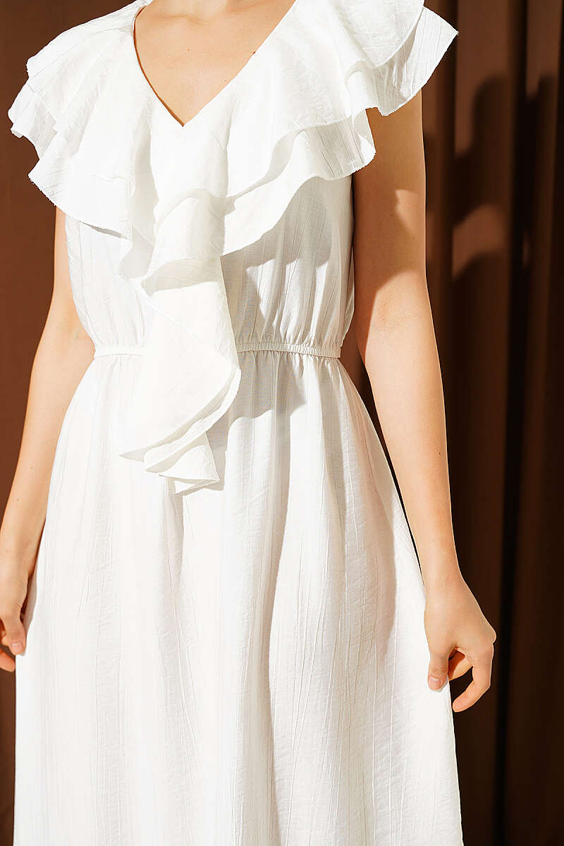 Sleeveless V-Neck Ruffle Midi Dress - Ecru