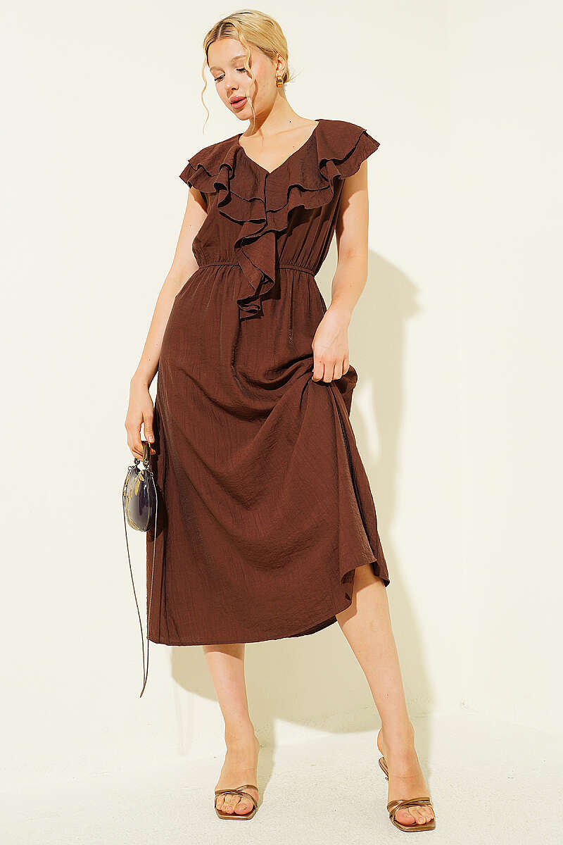 Sleeveless V-Neck Ruffle Midi Dress - Brown