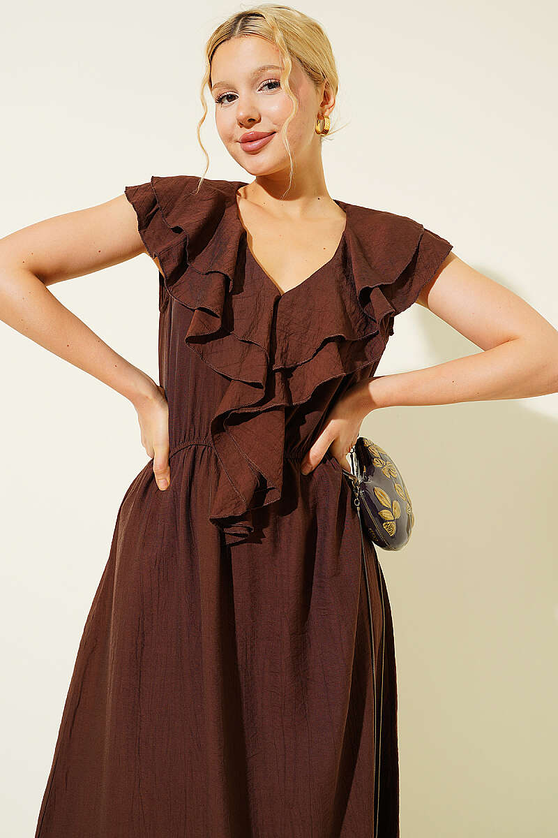 Sleeveless V-Neck Ruffle Midi Dress - Brown
