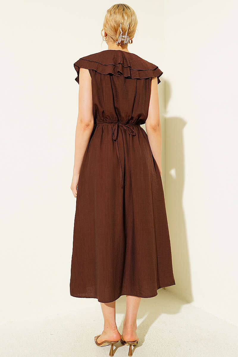 Sleeveless V-Neck Ruffle Midi Dress - Brown