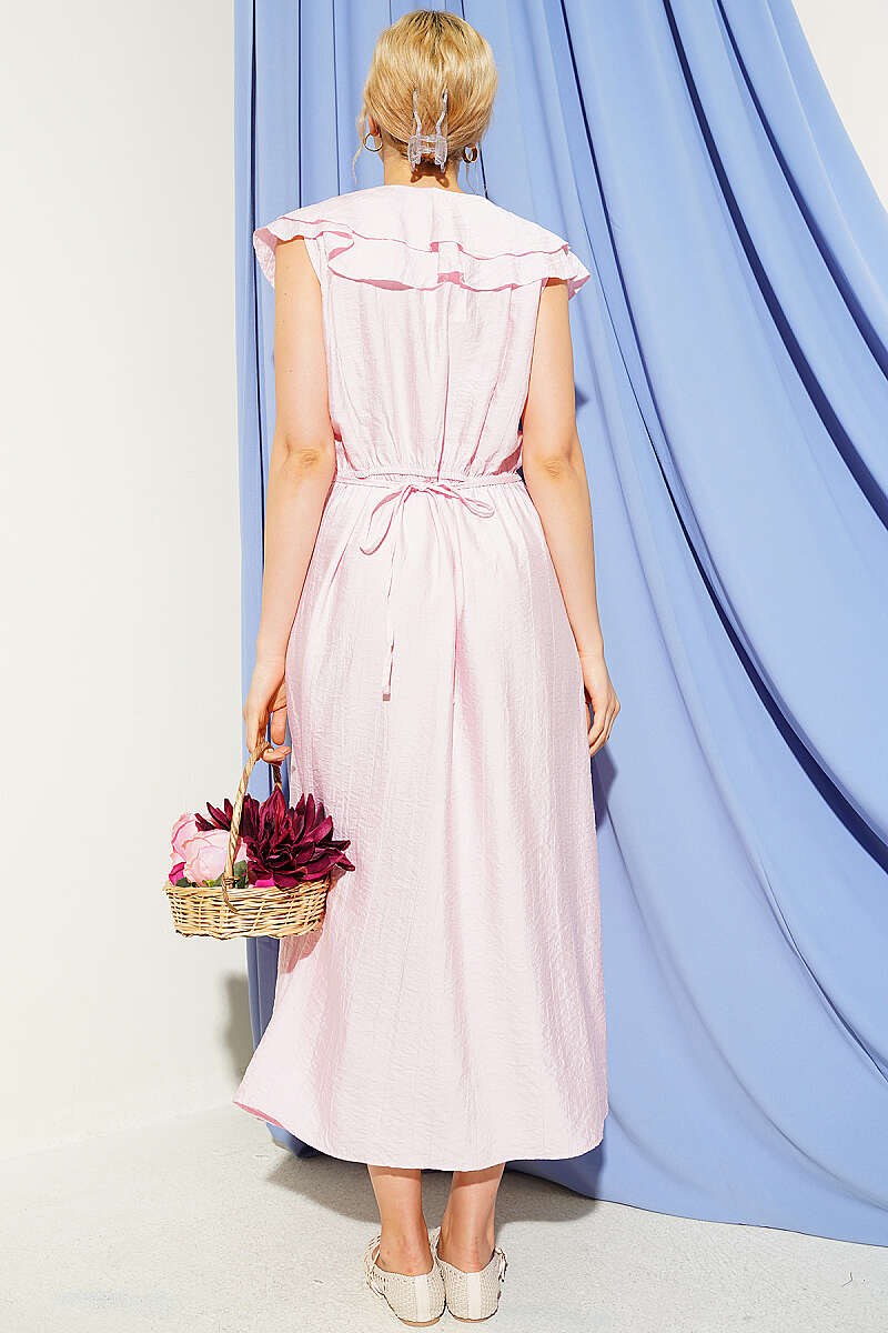 Sleeveless V-Neck Ruffle Midi Dress - Pink