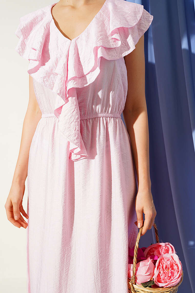 Sleeveless V-Neck Ruffle Midi Dress - Pink