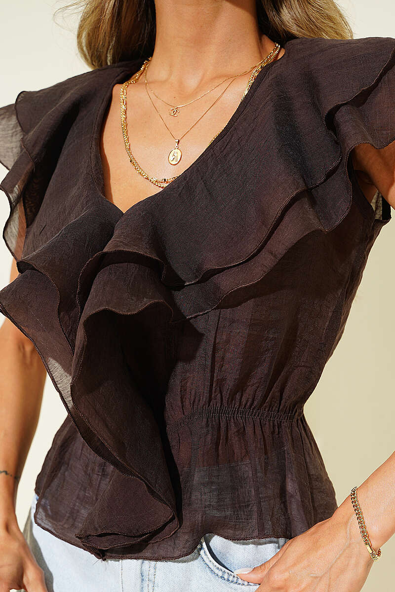 Sleeveless V-Neck Ruffle Tulle Blouse - Brown