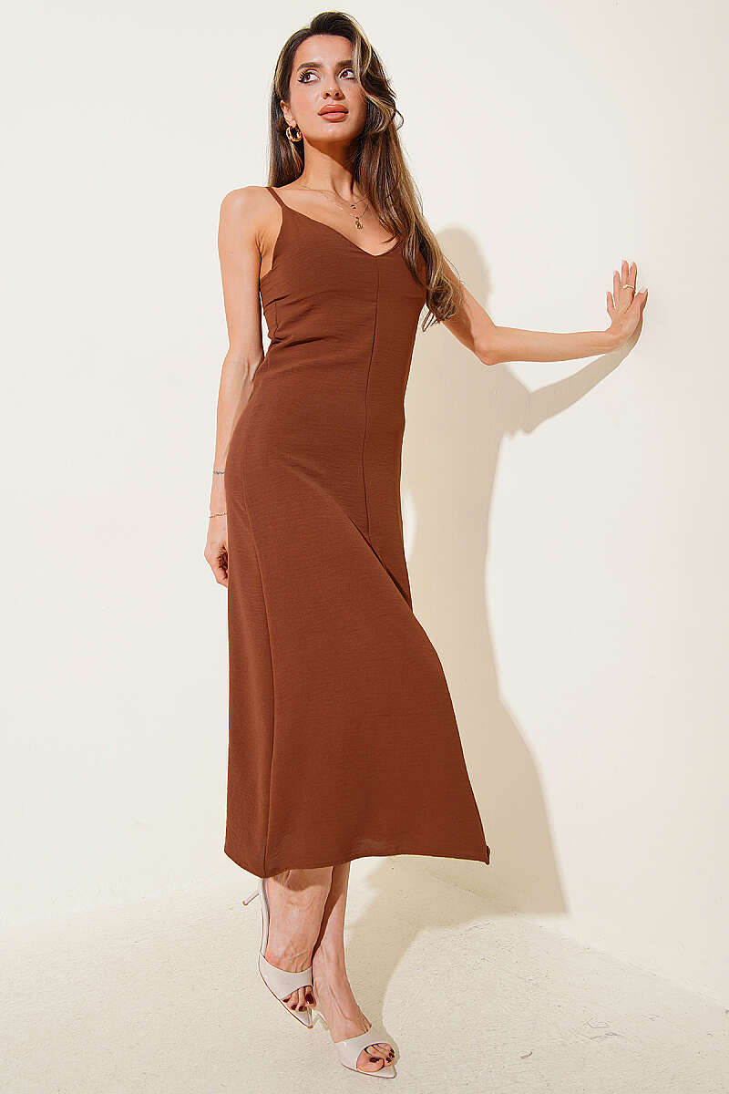 V-Neck Strappy Midi Dress - Chestnut