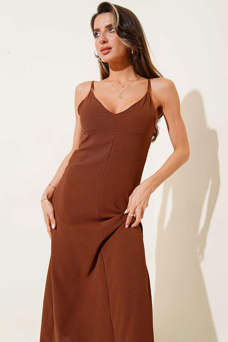 V-Neck Strappy Midi Dress - Chestnut
