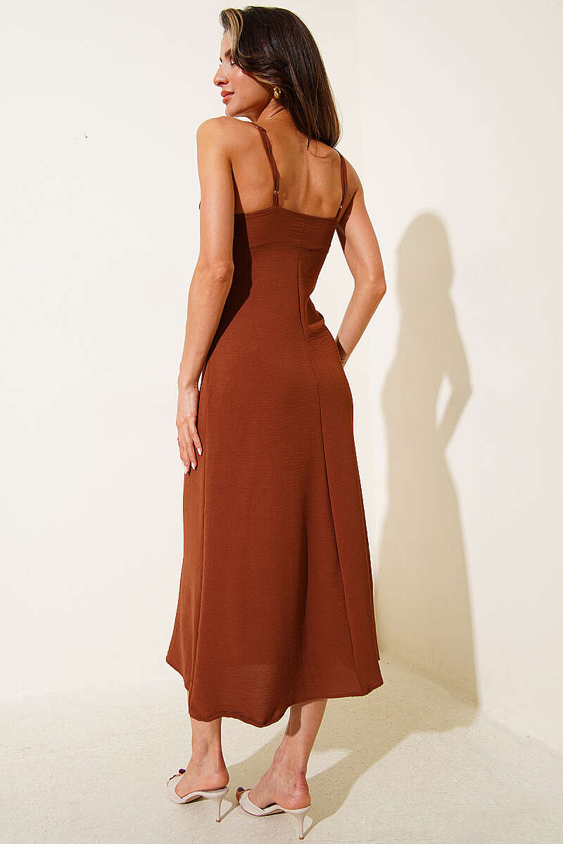 V-Neck Strappy Midi Dress - Chestnut
