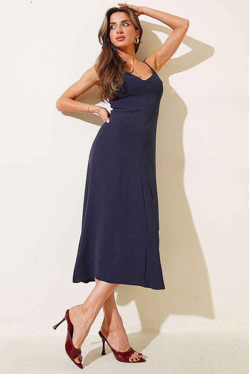 V-Neck Strappy Midi Dress - Navy