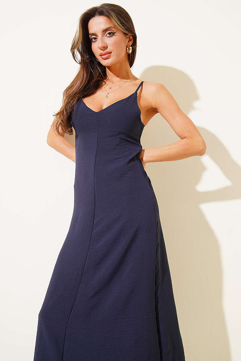 V-Neck Strappy Midi Dress - Navy