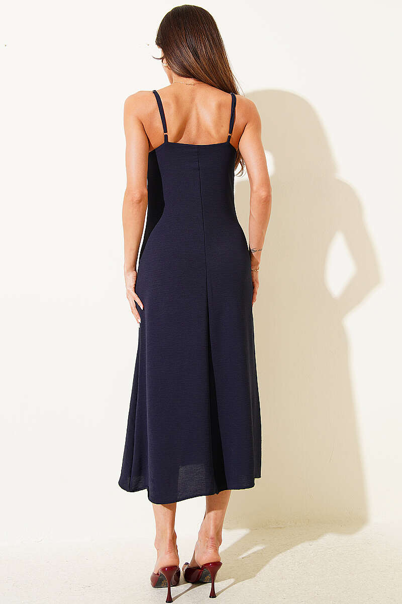 V-Neck Strappy Midi Dress - Navy